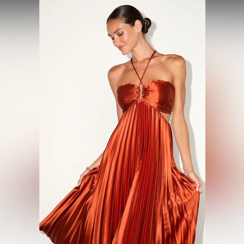 NWT- Aerin Rust Orange Satin Pleated Cutout Midi Dress